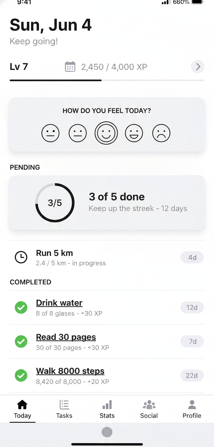 GrowBit Today screen — mood, progress ring, and habits list